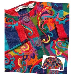 Michael Simon Multicolor M/L Embroidered Paisley Patchwork Knit Cardigan Sweater